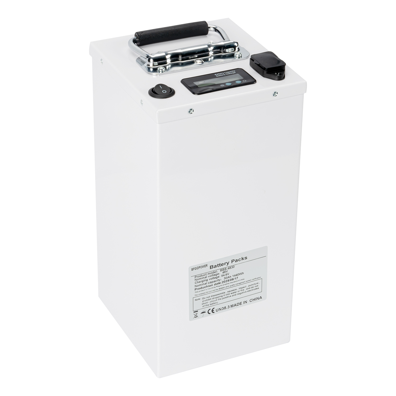 Herstellerproduzierter maßgeschneiderter E-Motorcycle-Lithiumbatterie 48 V 30AH mit Leistungsunternehmen, Ladeanschluss, Stromschalter und Handle